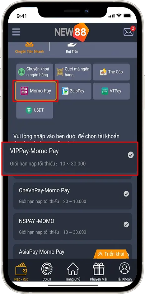 Thao tác nap tiền New88